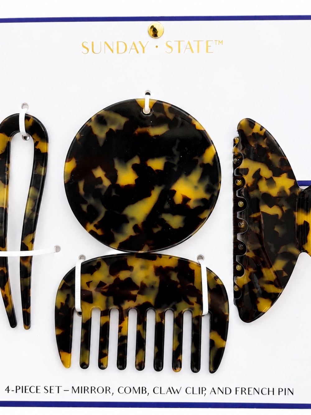 Sunday State Tortoise Hair Accessory 4-Piece Set Mirror Comb Clips